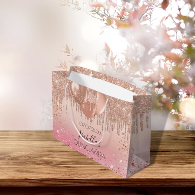 Quinceanera pink rose gold glitter drip balloons large gift bag (Creator Uploaded)