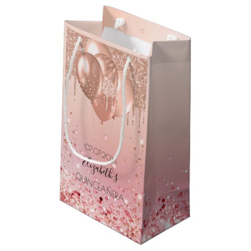 Quinceanera pink rose gold glitter drip balloons small gift bag