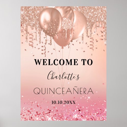 Quinceanera pink rose gold pink glitter welcome poster