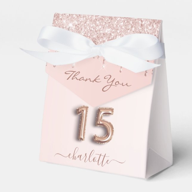 Quinceanera pink rose gold thank you favor boxes (Front Side)