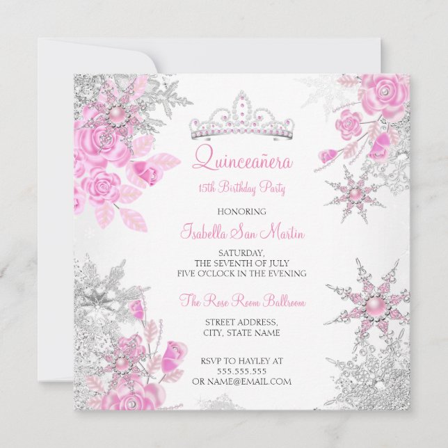 Quinceanera Pink Rose Winter Wonderland Snowflake Invitation (Front)