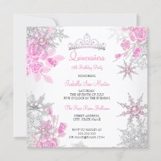 Quinceanera Pink Rose Winter Wonderland Snowflake Invitation