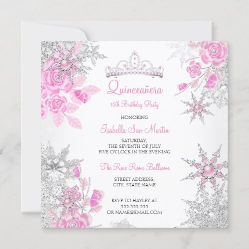 Quinceanera Pink Rose Winter Wonderland Snowflake Invitation