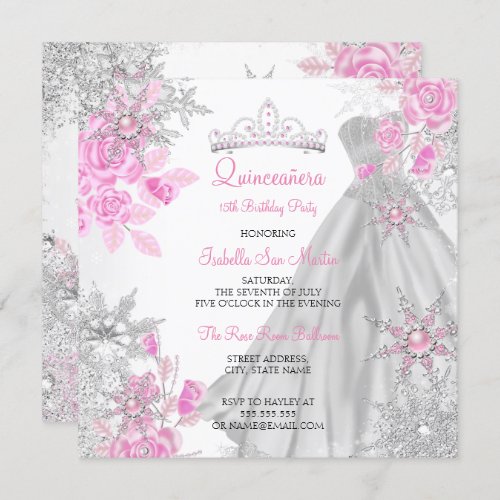 Quinceanera Pink Rose Winter Wonderland Snowflake Invitation