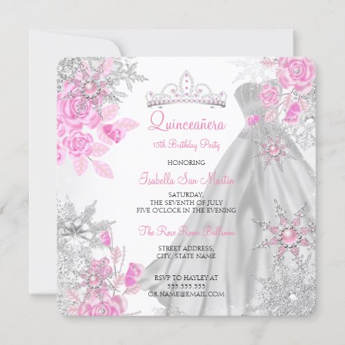 Quinceanera Pink Rose Winter Wonderland Snowflake Invitation