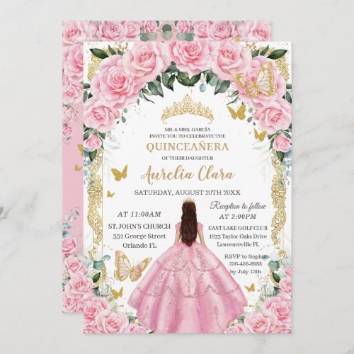 Quinceaera Pink Roses Floral Girl Vintage Gold Invitation