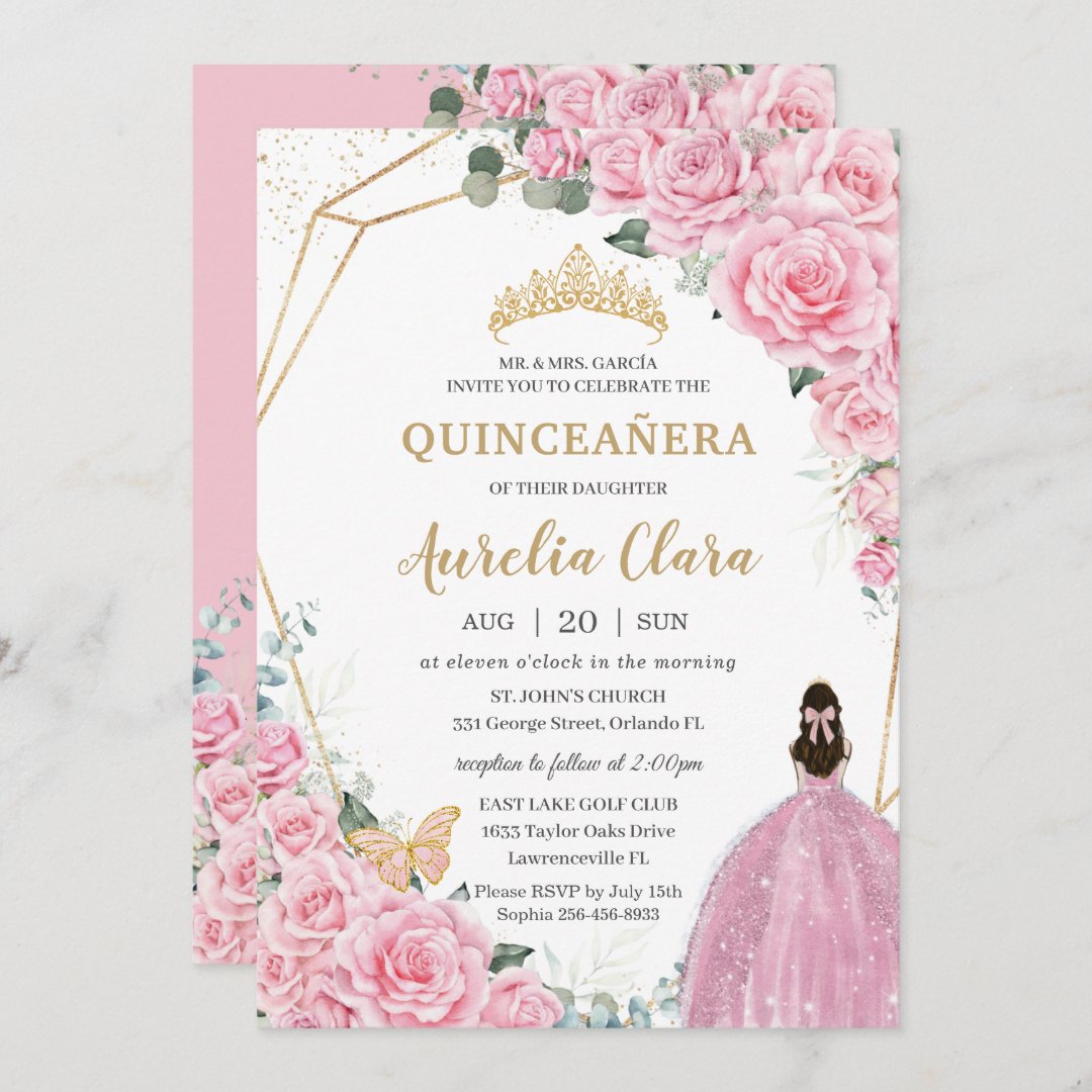 Quinceañera Pink Roses Floral Gold Princess Crown Invitation | Zazzle