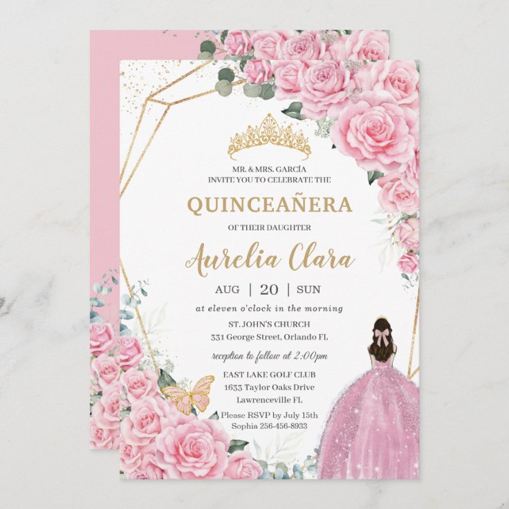 Quinceañera Pink Roses Floral Gold Princess Crown Invitation | Zazzle