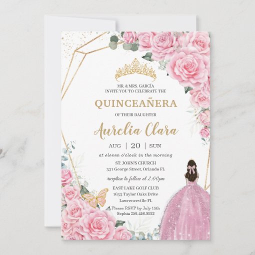 Quinceañera Pink Roses Floral Gold Princess Crown Invitation | Zazzle