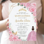 Quinceañera Pink Roses Floral Gold Princess Crown Invitation<br><div class="desc">Personalize this lovely quinceañera invitation with own wording easily and quickly,  simply press the customize it button to further re-arrange and format the style and placement of the text.  Matching items available in store!  (c) The Happy Cat Studio</div>