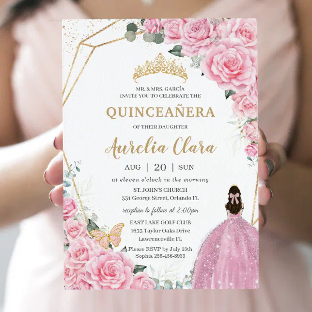 Quinceañera Pink Roses Floral Gold Princess Crown Invitation | Zazzle