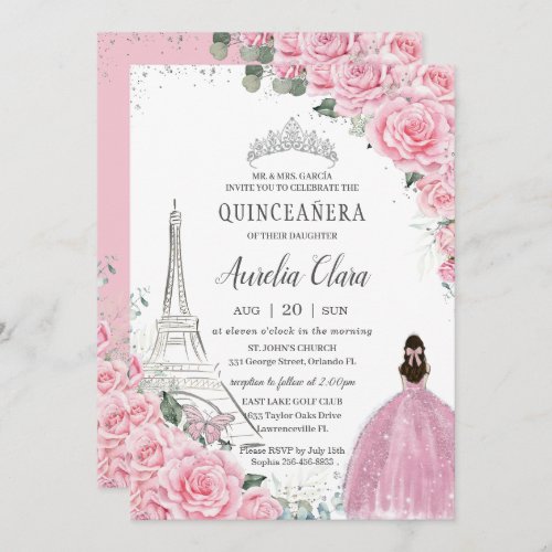 Quinceaera Pink Roses Floral Paris Eiffel Silver Invitation