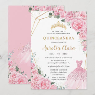 Quinceanera Pink Roses Floral Princess Dress Gown Invitation