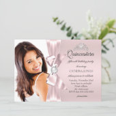 Quinceanera Pink Silver Diamond Bow pearl Tiara Invitation (Standing Front)