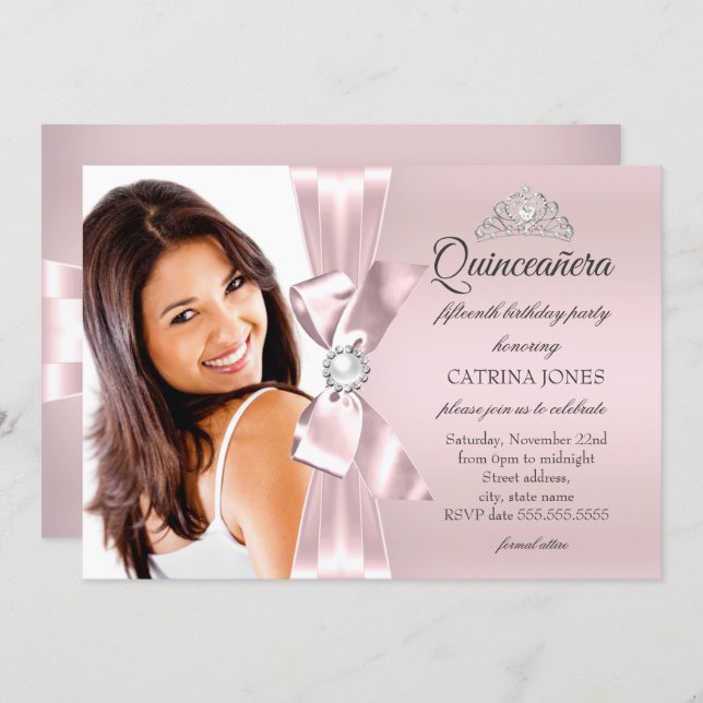 Quinceanera Pink Silver Diamond Bow pearl Tiara Invitation (Front/Back)