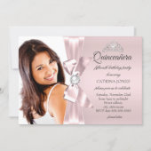 Quinceanera Pink Silver Diamond Bow pearl Tiara Invitation (Front)