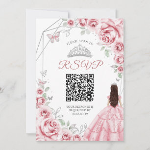 Quinceanera Pink Silver Dress Floral RSVP QR code Invitation