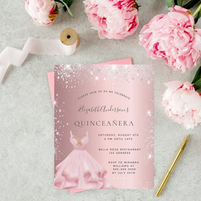 Quinceanera pink silver dress invitation (Creator Uploaded)