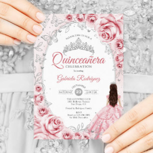 Quinceanera Pink Silver Floral Invitation