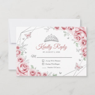 Quinceanera Pink Silver Floral Reply RSVP Card
