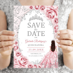 Quinceanera Pink Silver Floral Save The Date