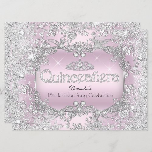 Quinceanera Pink Silver Tiara Winter Wonderland 2 Invitation