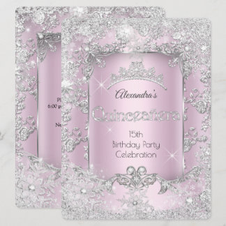 Quinceanera Pink Silver Tiara Winter Wonderland Invitation