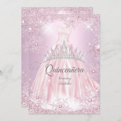 Quinceanera Pink Snowflake Winter Dress Tiara Invitation