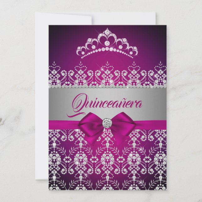Quinceanera Pink Sparkle Diamond Tiara Bow Invitation (Front)
