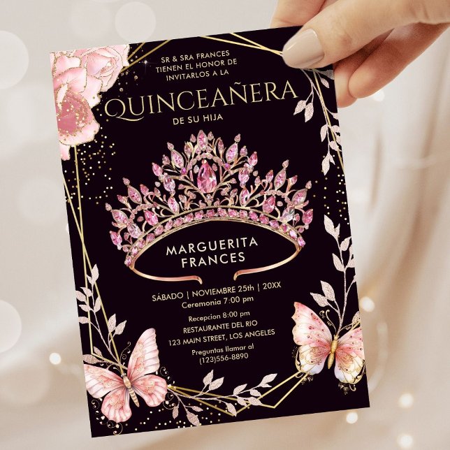 Quinceañera Pink Tiara Floral Butterfly Spanish Invitation (Creator Uploaded)