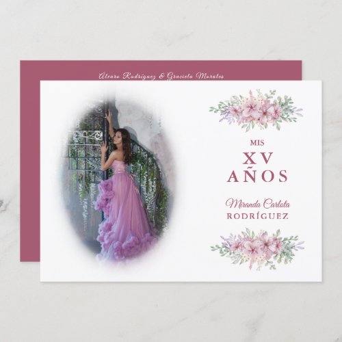  Quinceaera Pink Trendy Bouquet Photo Spanish Invitation