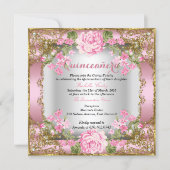 Quinceanera Pink Vintage Country Floral Gold 2 Invitation (Front)