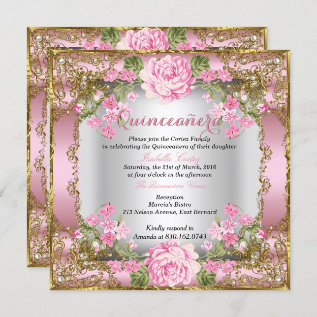 Quinceanera Pink Vintage Country Floral Gold 2 Invitation (Front/Back)
