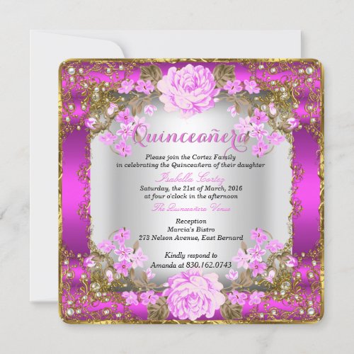 Quinceanera Pink Vintage Country Floral Gold Invitation