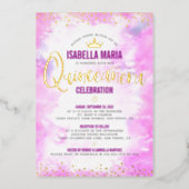 Quinceañera Pink Watercolor Crown Girly Real Gold Foil Invitation (Front)