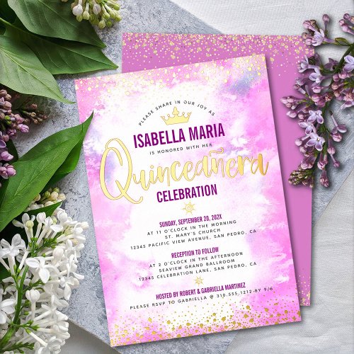 Quinceaera Pink Watercolor Crown Girly Real Gold Foil Invitation