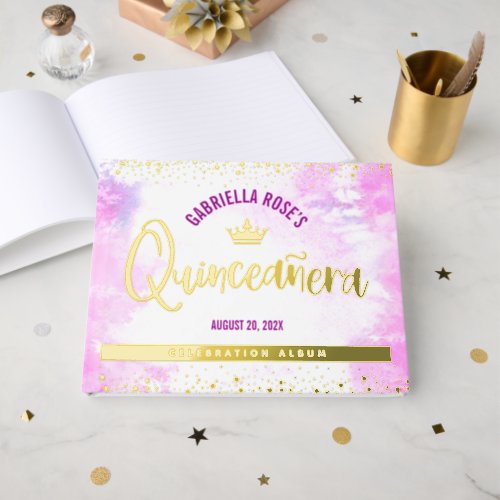 Quinceaera Pink Watercolor Crown Real Gold Foil Foil Guest Book