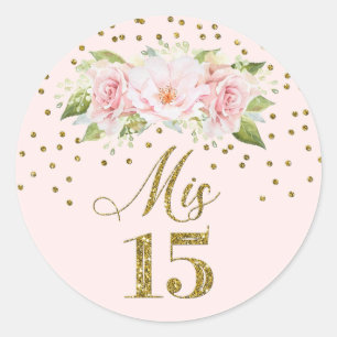 Quinceañera Pink Watercolor Floral Gold Dots Classic Round Sticker