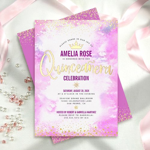 Quinceaera Pink Watercolor Girly Crown Real Gold Foil Invitation
