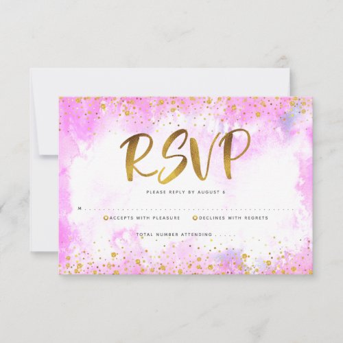 Quinceaera Pink Watercolor Gold Foil Elegant Chic RSVP Card