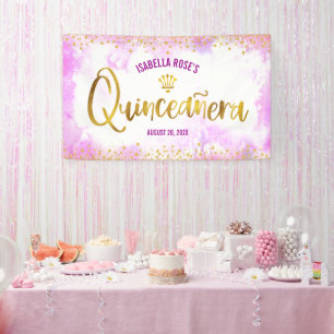 Quinceañera Pink Watercolor Gold Script Welcome Banner