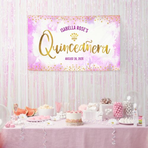 Quinceaera Pink Watercolor Gold Script Welcome Banner