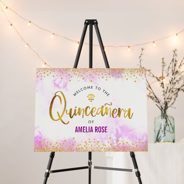 Quinceañera Pink Watercolor Gold Script Welcome  Foam Board (In Situ (Stand))