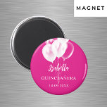 Quinceanera pink white balloons party magnet<br><div class="desc">For a Quinceañera,  15th birthday party.  A trendy pink background decorated with white balloons.   The name is written with a modern hand lettered style script.  Personalize and add a name and date.</div>