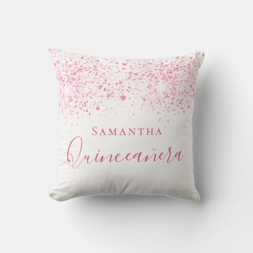 Quinceanera pink white glitter drops monogram throw pillow