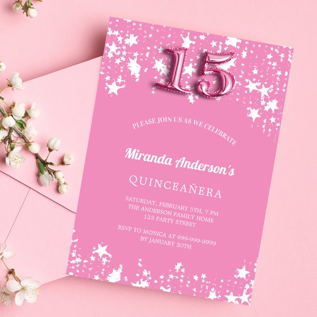 Quinceanera pink white stars luxury invitation (Creator Uploaded)