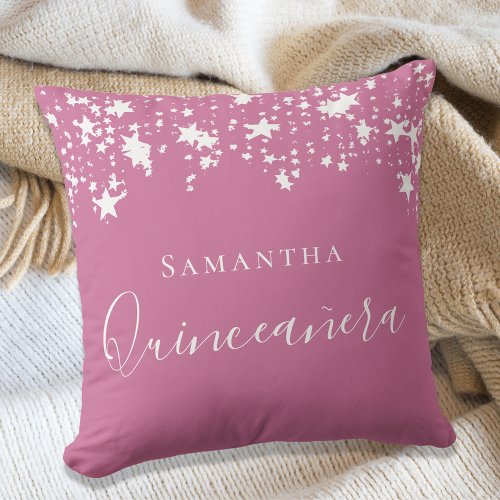 Quinceanera pink white stars name throw pillow