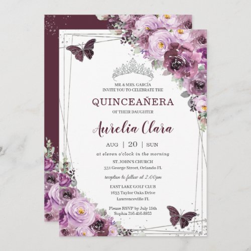 Quinceaera Plum Mauve Floral Butterflies Silver Invitation