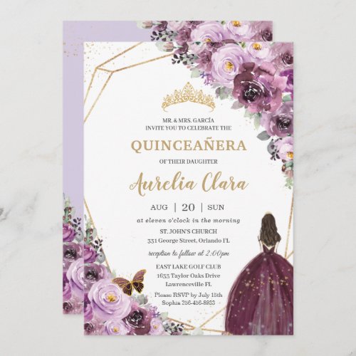 Quinceaera Plum Mauve Purple Floral Gold Princess Invitation