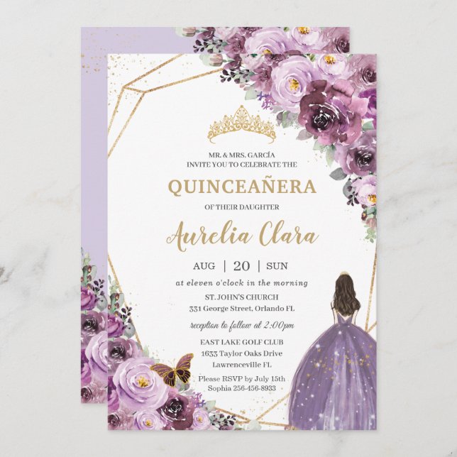 Quinceañera Plum Mauve Purple Floral Mis Quince 15 Invitation (Front/Back)